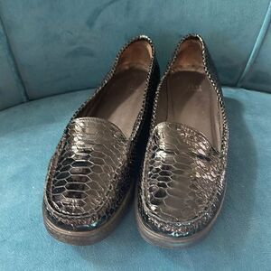 Stuart Weitzman Embossed Faux Snakeskin Patent Leather Wedge Loafers, Size 8M